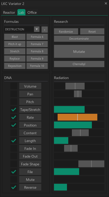Variator 2 Lab tab: a Formulas list with saved slots, Research buttons for Randomize, Reset, Decontaminate, Mutate and Chernobyl, and a DNA checklist of parameters with a Radiation range bar beside each