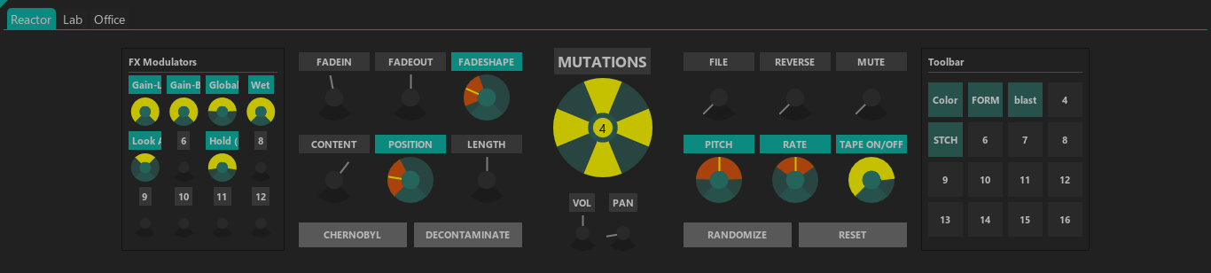 Variator 2 Reactor tab: an FX Modulators panel on the left, FADEIN, FADESHAPE, CONTENT, POSITION, LENGTH, FILE, REVERSE, MUTE, PITCH, RATE and TAPE knobs armed around a central MUTATIONS dial set to 4, a customizable toolbar on the right, and CHERNOBYL, DECONTAMINATE, RANDOMIZE and RESET buttons