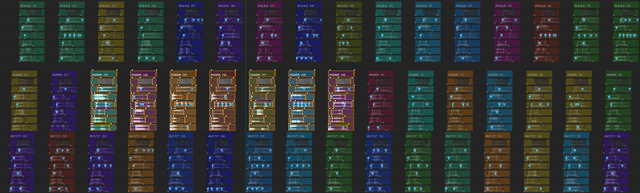 Three rows of Render Blocks mutated across a REAPER timeline, each variation colour-coded with its own waveform and fade envelopes