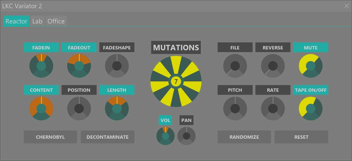 Variator 2 Reactor tab in a cyan and yellow REAPER theme