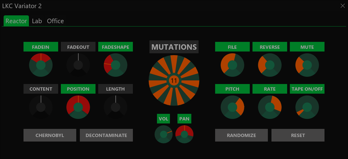 Variator 2 Reactor tab in a black, green and orange REAPER theme