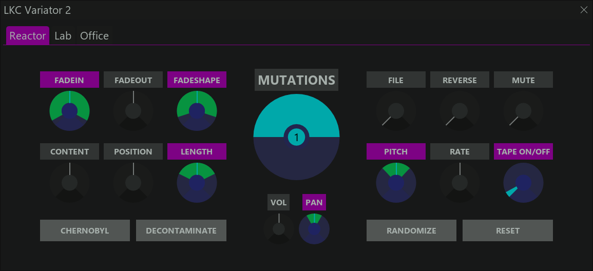 Variator 2 Reactor tab in a purple and green REAPER theme